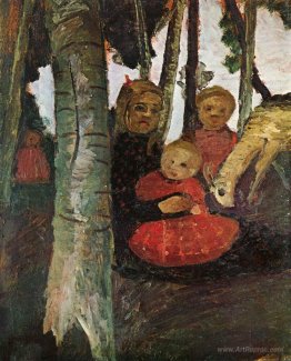 Three children with goat in the birch forest