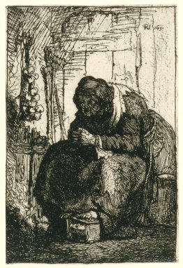 Old woman seated in a cottage with a string of onions on the wal