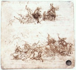 Page from a notebook showing figures fighting on horseback and o