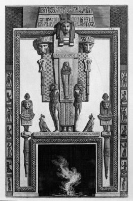 Fireplace topped by a large Egyptian-style caryatids, from a var