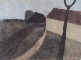 Twilight landscape with house and fork