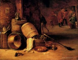 An interior scene with pots, barrels, baskets, onions and cabbag