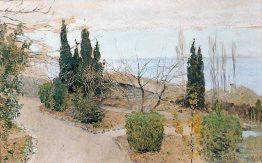 Garden in Yalta. Cypress trees.