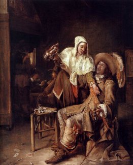 Tavern scene with maid trying to fill the glass of a cavalier (T