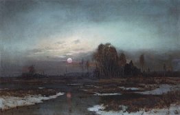 Autumn Landscape with a swampy river in the moonlight