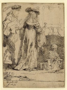 Death appearing to a wedded couple from an open grave