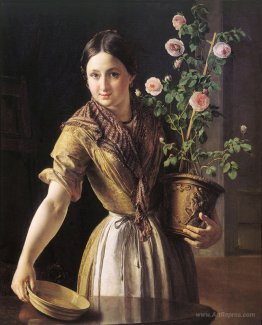 A girl with a pot of roses