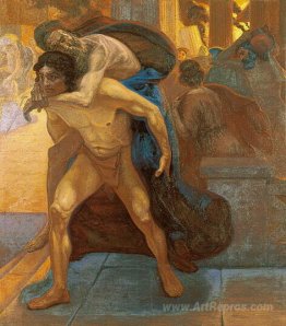 Aeneas saving his father through the flames of Troy