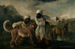 Cheetah with two Indian servants and a deer