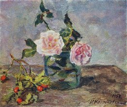 Two roses and dogrose berries