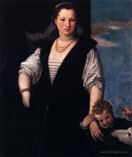 Portrait of woman with a child and a dog