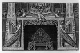 Egyptian-style fireplace surmounted by two sphinxes and flanked