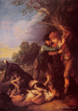 Two Shepherd Boys with Dogs Fighting