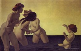 Three Women and a Little Girl Playing in the Water