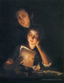 A Girl reading a letter by Candlelight, with a Young Man peering