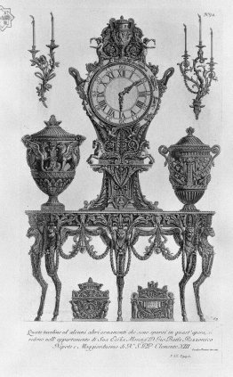 A five-legged table, wall Matterhorn, surmounted by a clock betw