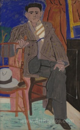 Dark-haired youth seated, with a topcoat