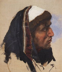 The head of a young man in a blue veil