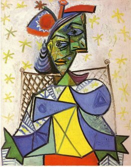 Seated woman with blue and red hat