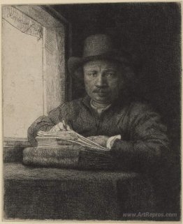 Self-portrait, drawing at a window