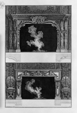 Two fireplaces overlapping: the tragic masks with 3 inf Joined t