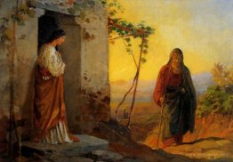 Maria, sister of Lazarus, meets Jesus who is going to their hous