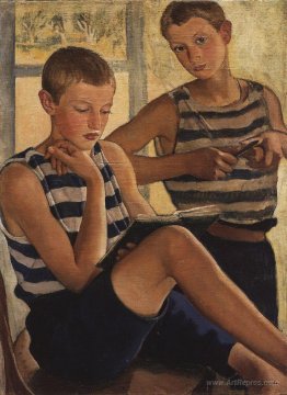 Boys in sailor's striped vests 