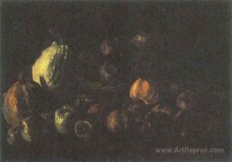 Still life with a basket of apples and two pumpkins