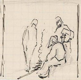 Cursory sketch of three figures by bonfire