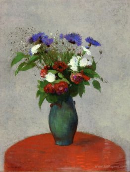 Vase of Flowers on a Red Tablecloth