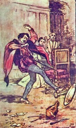 Petruchio, pretending to find Fault with every Dish, threw the M