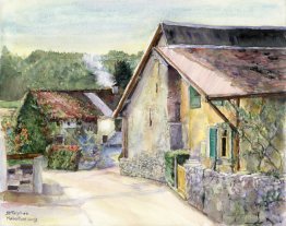 Old farmhouse in the Swiss village of Saint-Triphon, watercolor