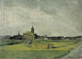 Landscape with hay cart, church towers and windmill