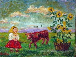 Woman with red cow