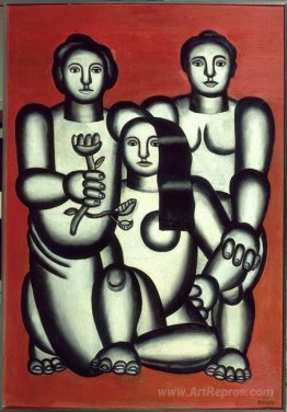 Three girls on red background (composition with three women)