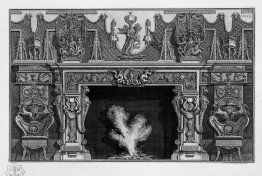 Fireplace with a frieze of armor; heron in a shell at the center