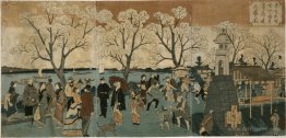 Japanese triptych print showing Japanese and foreign people walk