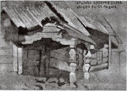 Porch of ancient wooden church in Ladoga