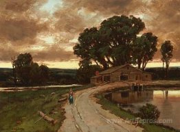 Figure on the road and farmhouse at sunset