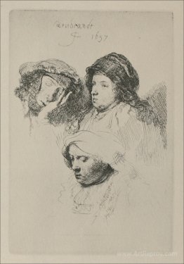 Three female heads with one sleeping