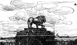 The Lion and the fortress. Woodcut for the magazine 'World'.