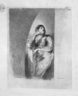 Half figure of seated woman, her face resting on his right hand,