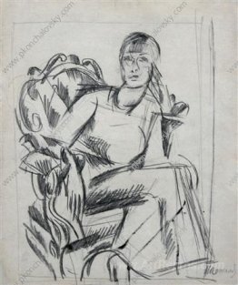 A sketch of a female figure, seated in a chair for the portrait