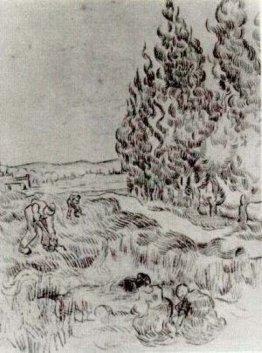 Cypresses with Four People Working in the Field