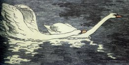 Colored woodcut Two swans