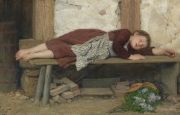 Sleeping girl on a wooden bench