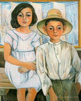 Girl sitting and boy with hat standing