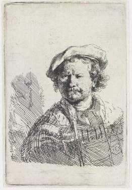 Self-portrait in a flat cap and embroidered dress