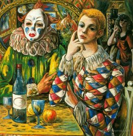 Harlequin and clown with mask