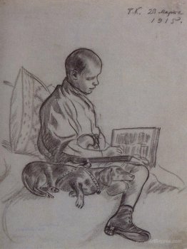 Boy with dog (Portrait of Cyril Kustodiev, son of the artist)